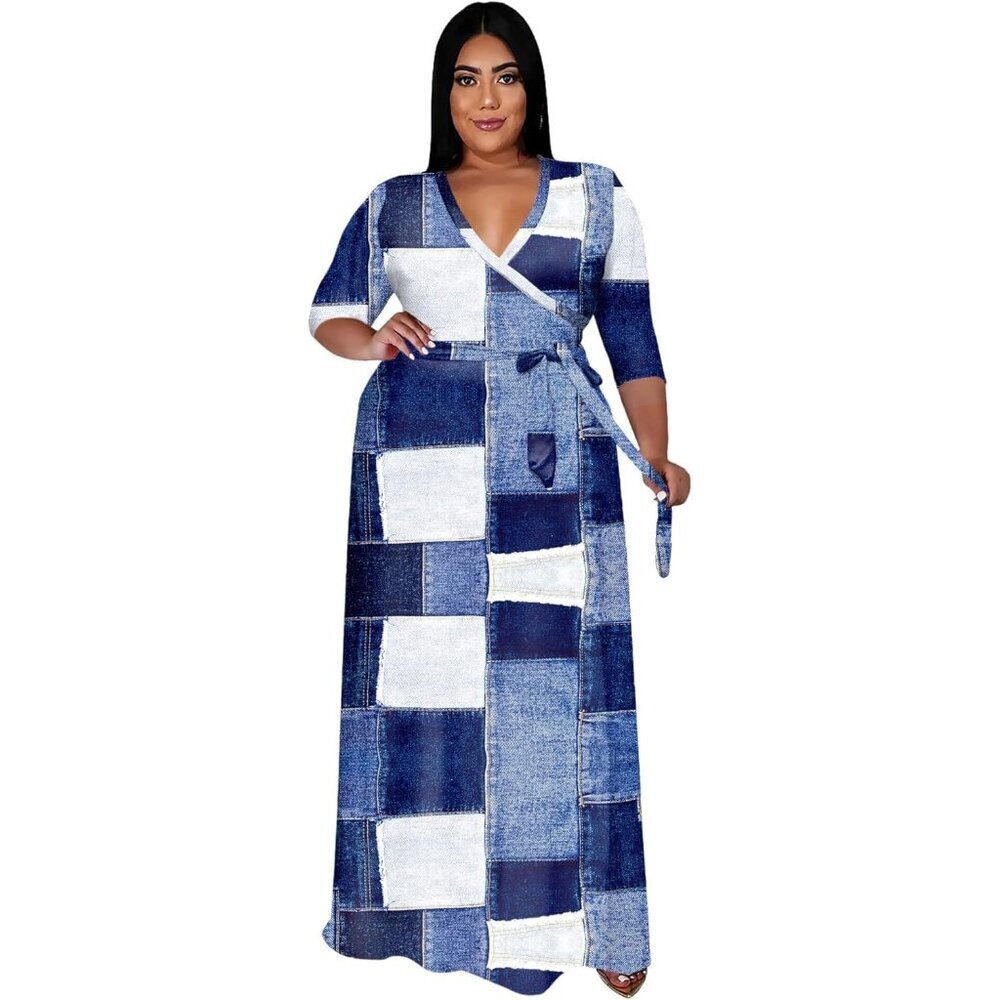 Women's Blue White Geometry Polyester Floral 3/4 Sleeve With Belt Elegant Maxi